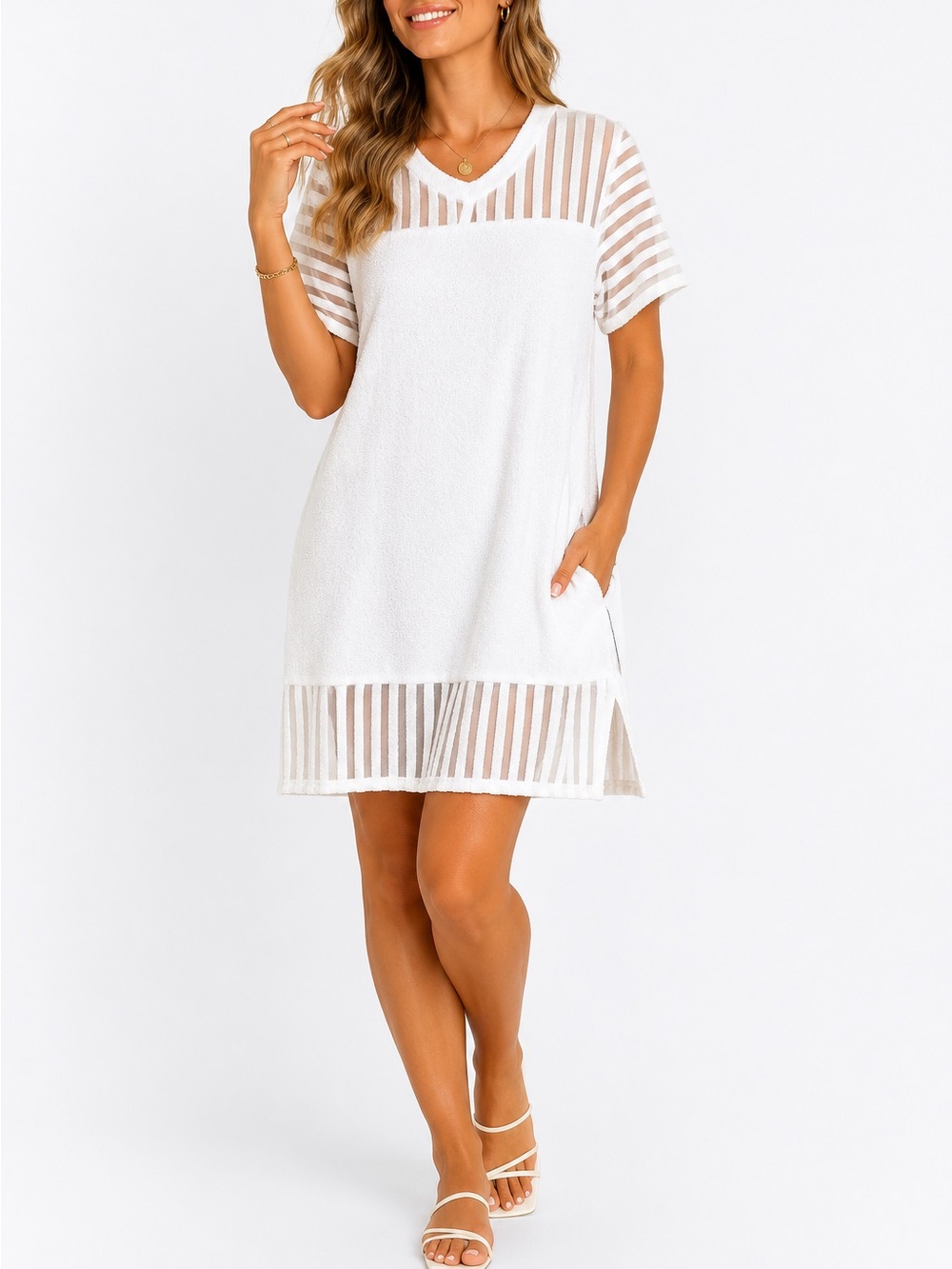 Vintage INGEAR White Terry Cloth Dress Womens OS Sheer Stripe Panel USA Made NWT